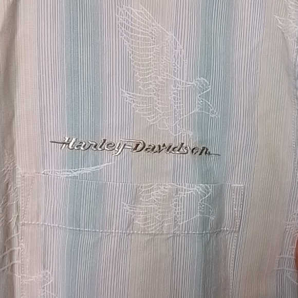 Harley-Davidson silk and cotton button down long sleeve shirt L light blue & grn - Picture 5 of 9